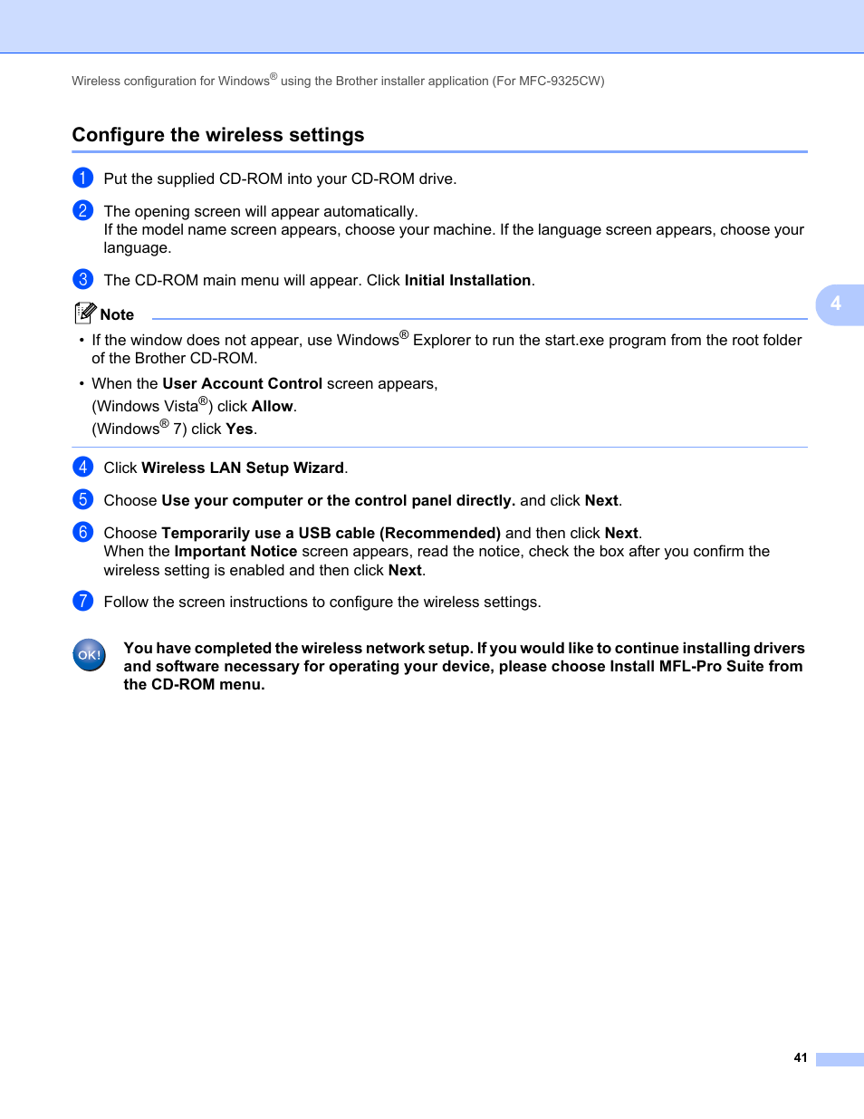 Configure the wireless settings, 4configure the wireless settings | Brother MFC-9325CW User Manual | Page 52 / 192