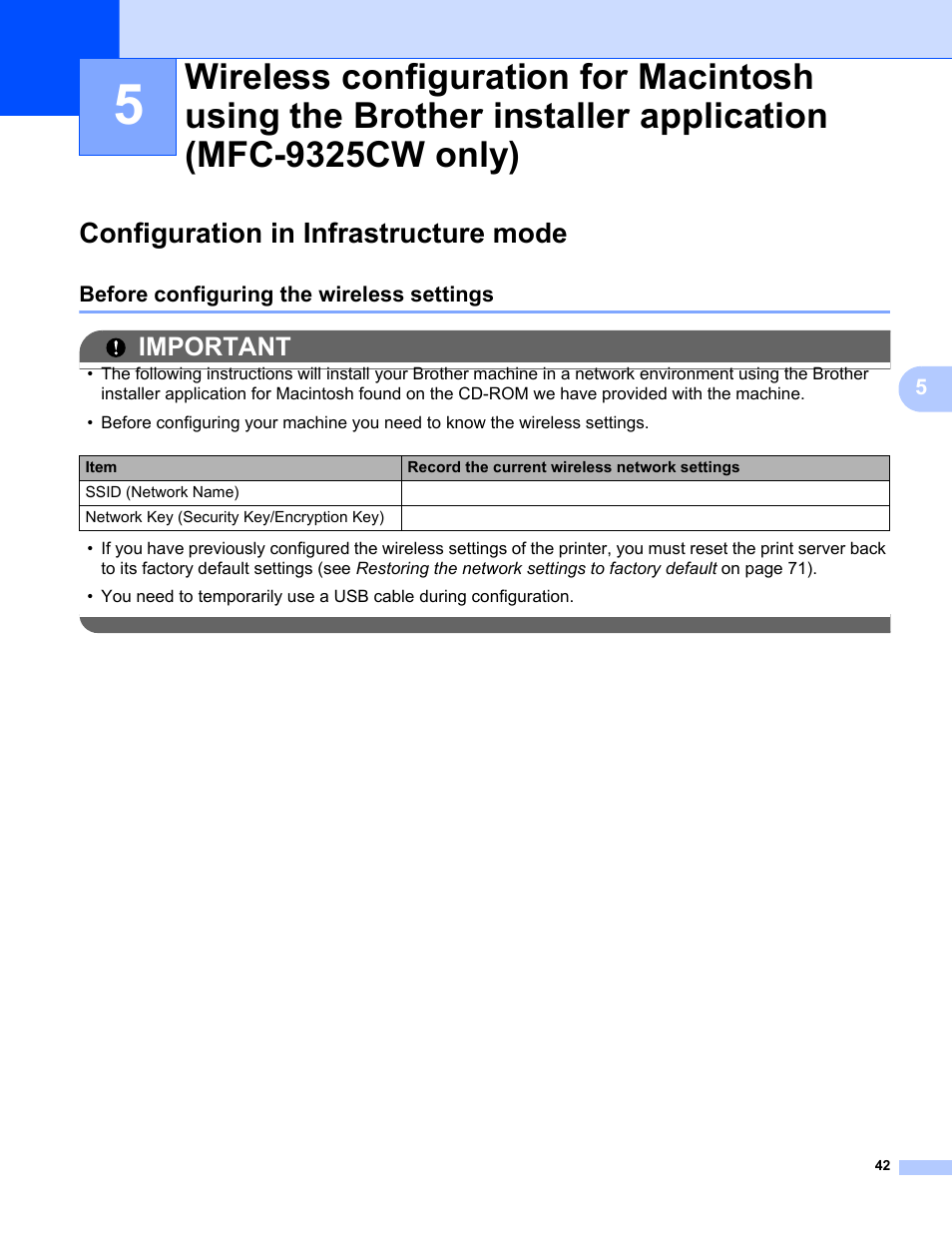 Configuration in infrastructure mode, Before configuring the wireless settings, Important | Brother MFC-9325CW User Manual | Page 53 / 192