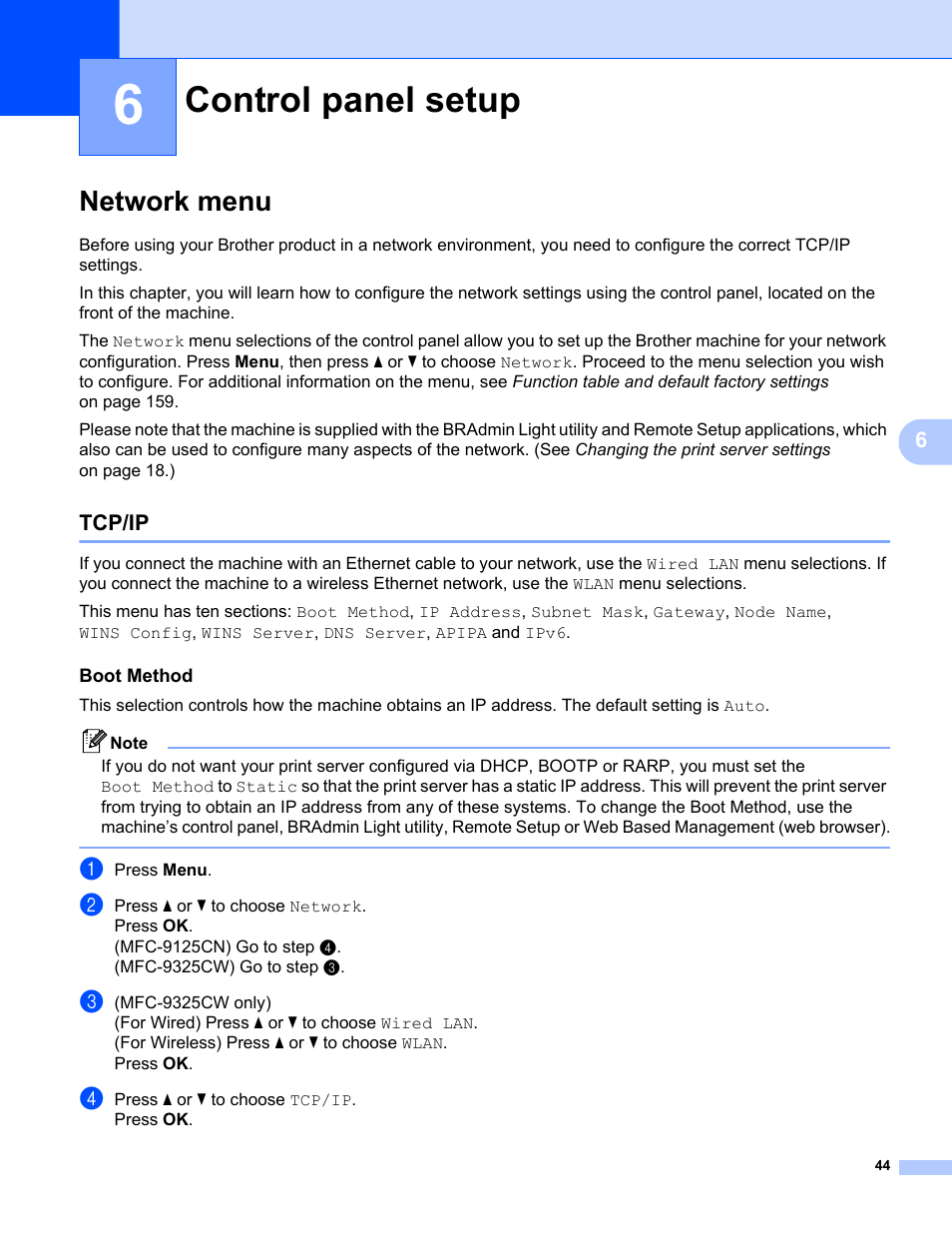 6 control panel setup, Network menu, Tcp/ip | Boot method, Control panel setup | Brother MFC-9325CW User Manual | Page 55 / 192