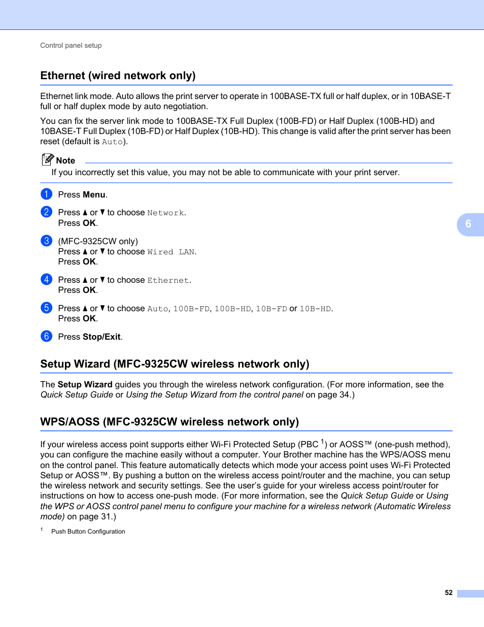 Ethernet (wired network only), Setup wizard (mfc-9325cw wireless network only), Wps/aoss (mfc-9325cw wireless network only) | 6ethernet (wired network only) | Brother MFC-9325CW User Manual | Page 63 / 192