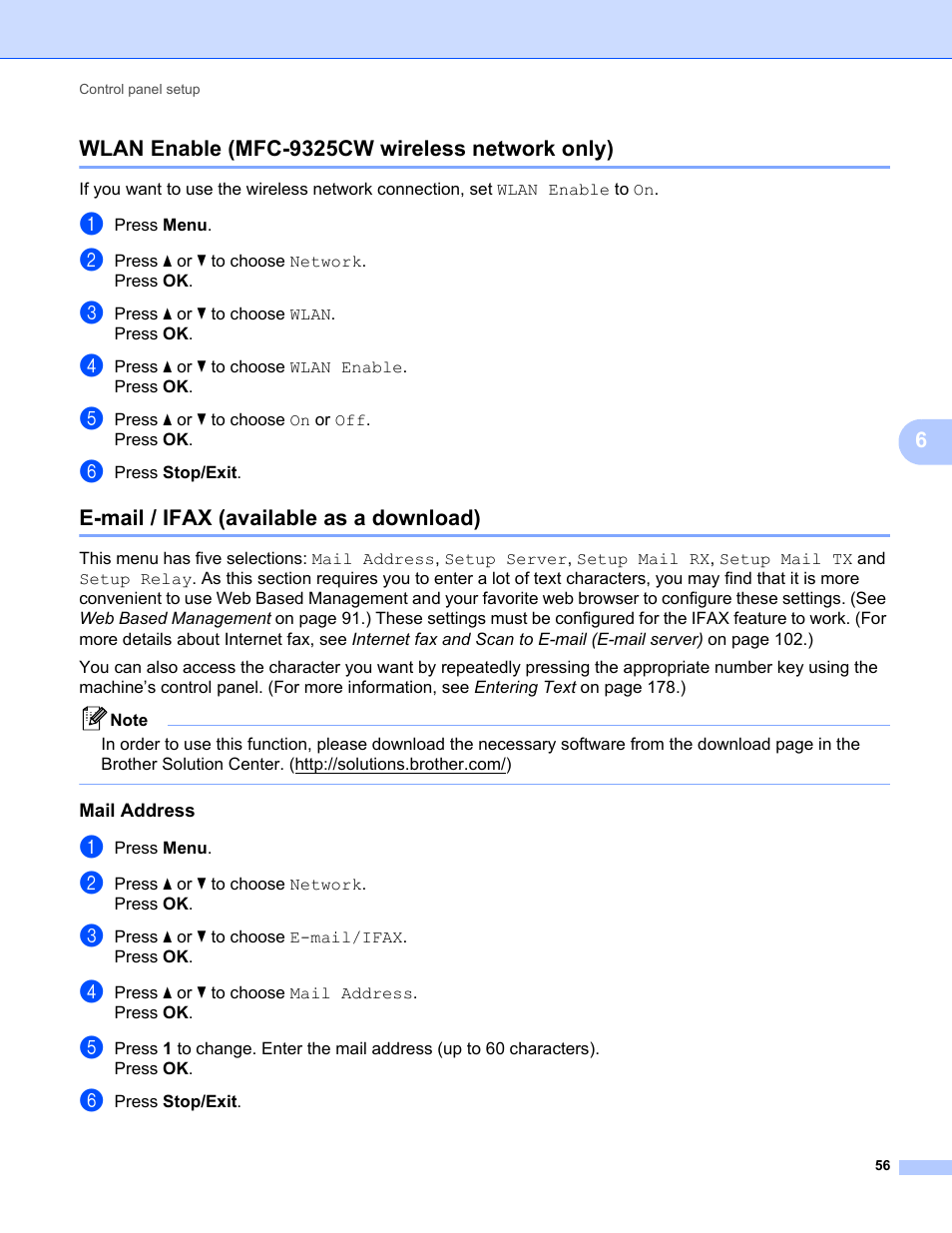 Wlan enable (mfc-9325cw wireless network only), E-mail / ifax (available as a download), Mail address | Brother MFC-9325CW User Manual | Page 67 / 192