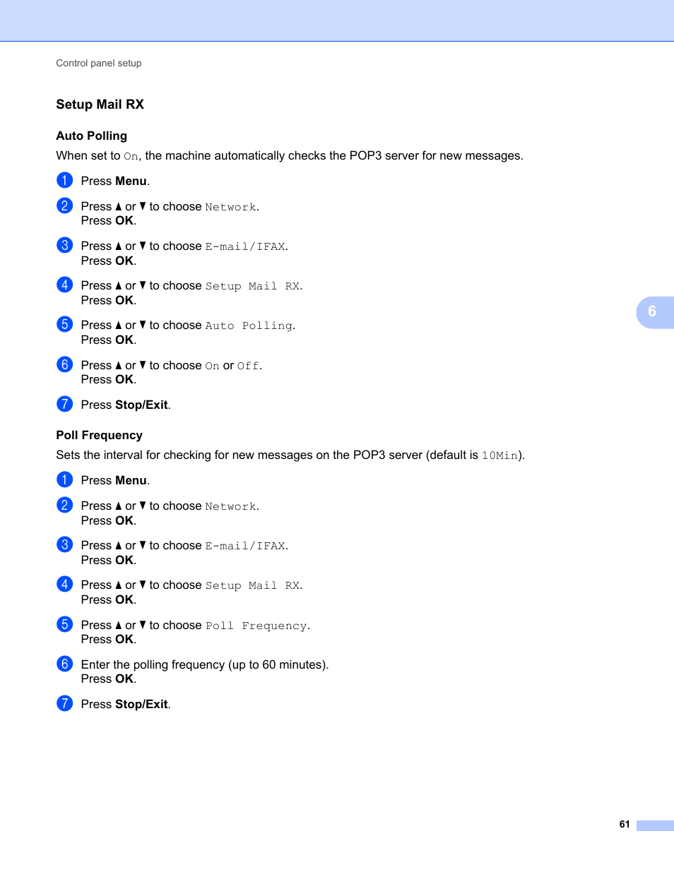 Setup mail rx | Brother MFC-9325CW User Manual | Page 72 / 192