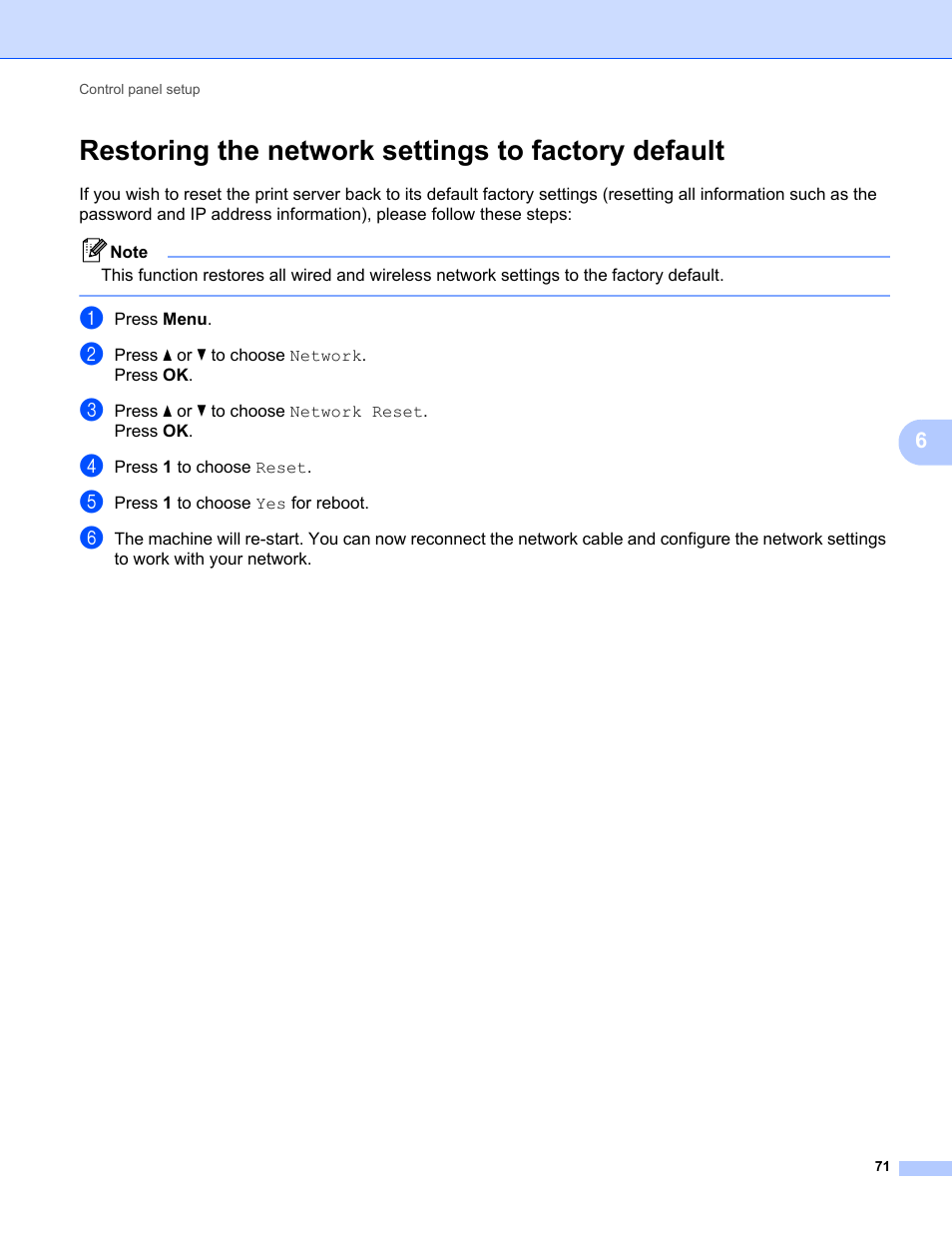 Restoring the network settings to factory default | Brother MFC-9325CW User Manual | Page 82 / 192