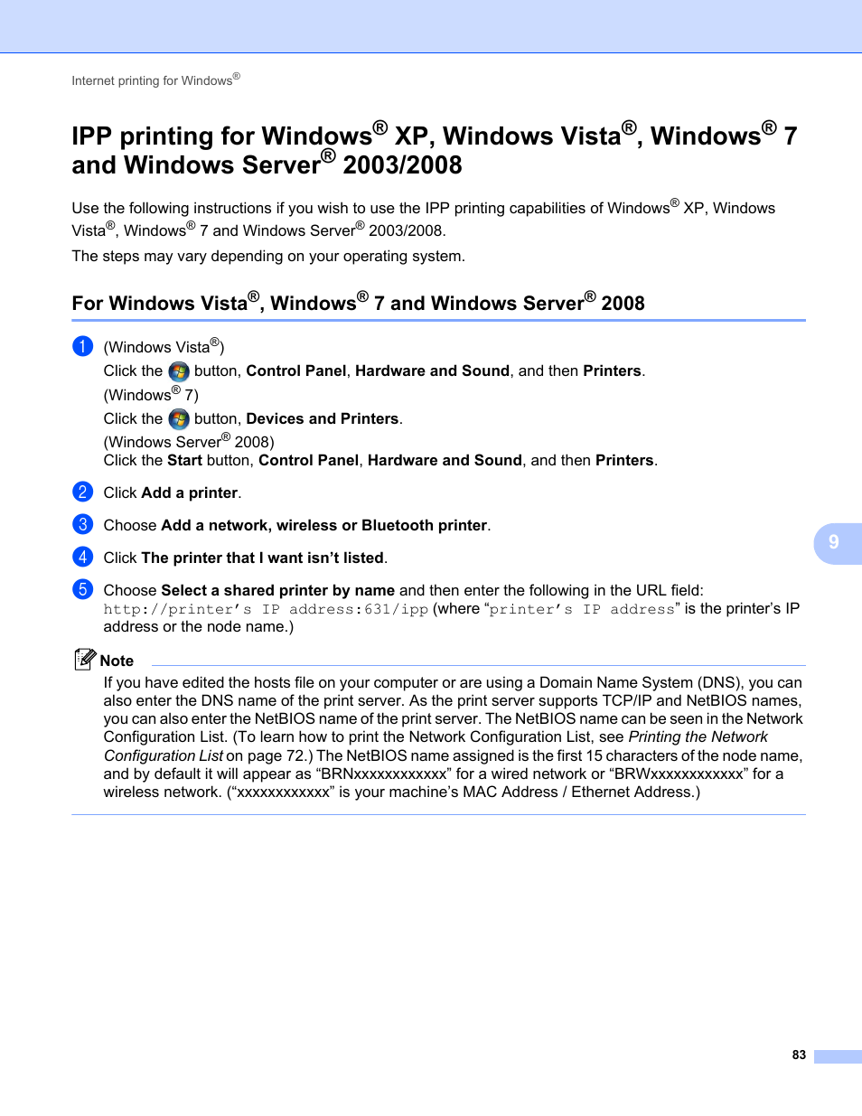 Ipp printing for windows, Xp, windows vista, Windows | 7 and windows server, For windows vista, 7and windows server | Brother MFC-9325CW User Manual | Page 94 / 192