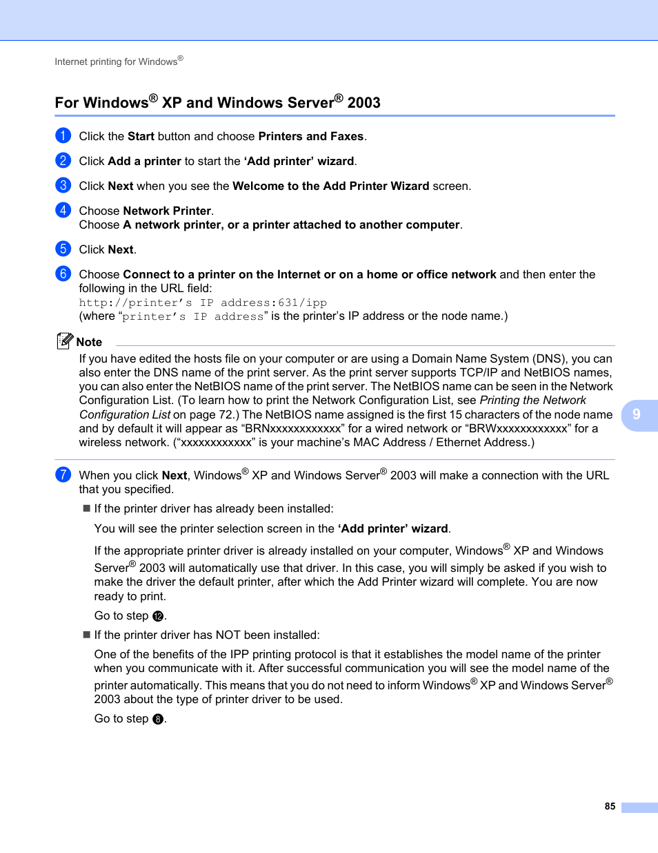 For windows® xp and windows server® 2003, For windows, Xp and windows server | 9for windows | Brother MFC-9325CW User Manual | Page 96 / 192