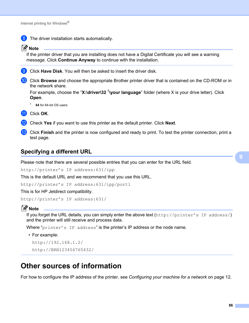 Specifying a different url, Other sources of information | Brother MFC-9325CW User Manual | Page 97 / 192