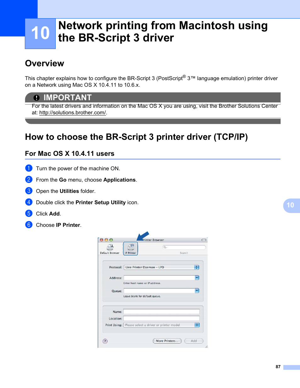 Overview, For mac os x 10.4.11 users, Important | Brother MFC-9325CW User Manual | Page 98 / 192