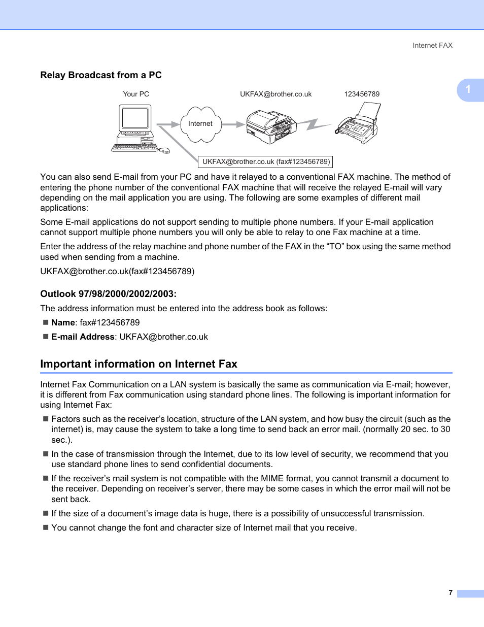 Relay broadcast from a pc, Outlook 97/98/2000/2002/2003, Important information on internet fax | Brother MFC-5460CN User Manual | Page 12 / 35