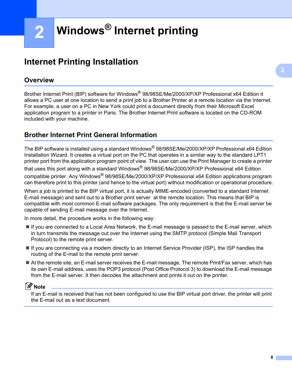2 windows® internet printing, Internet printing installation, Overview | Brother internet print general information, Windows, Internet printing | Brother MFC-5460CN User Manual | Page 13 / 35