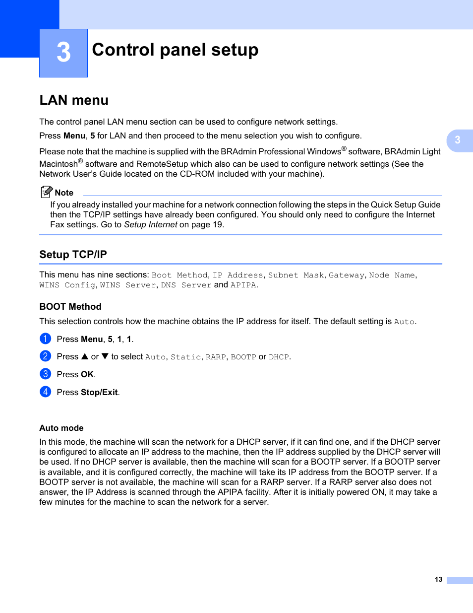 3 control panel setup, Lan menu, Setup tcp/ip | Boot method, Control panel setup | Brother MFC-5460CN User Manual | Page 18 / 35