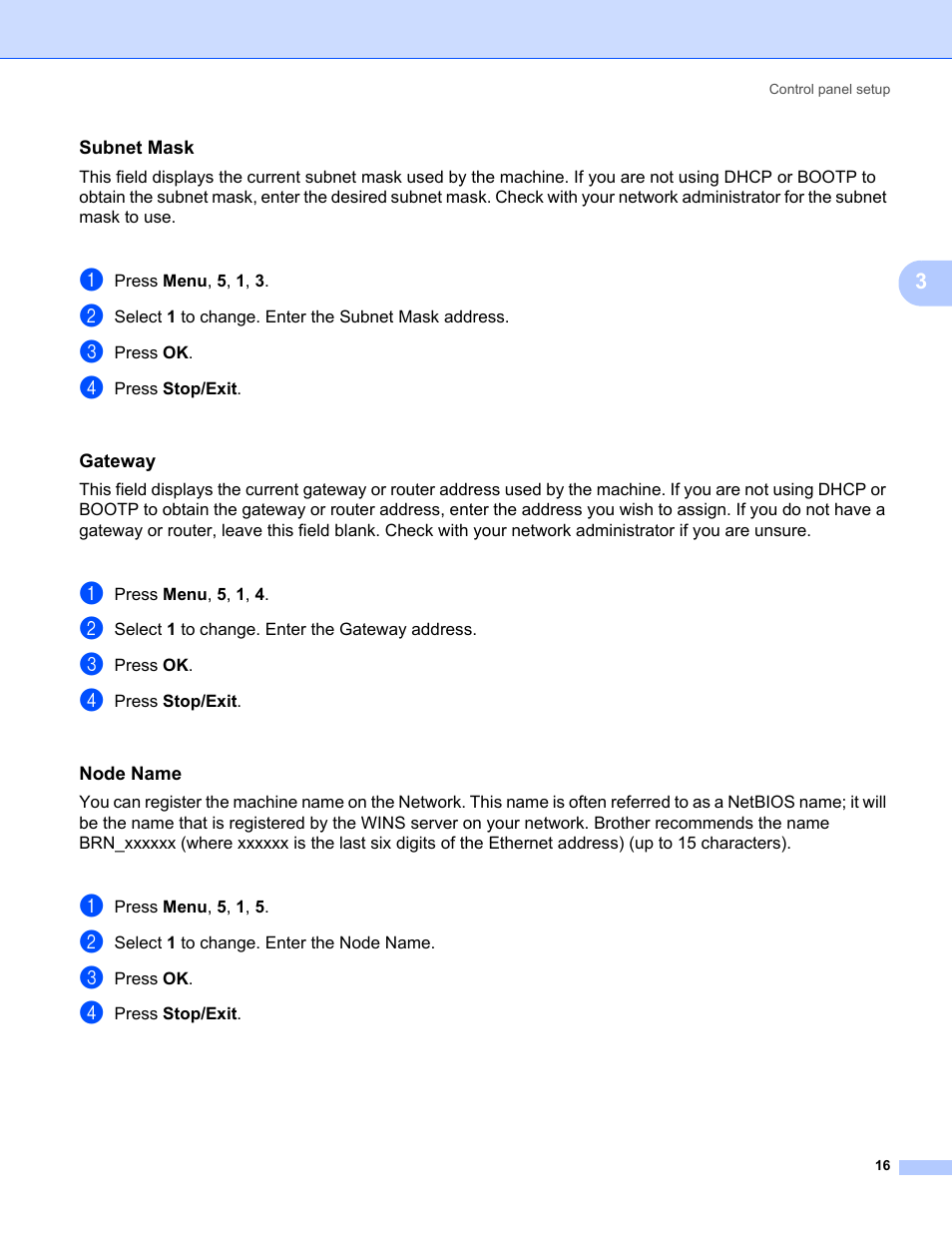 Subnet mask, Gateway, Node name | Brother MFC-5460CN User Manual | Page 21 / 35