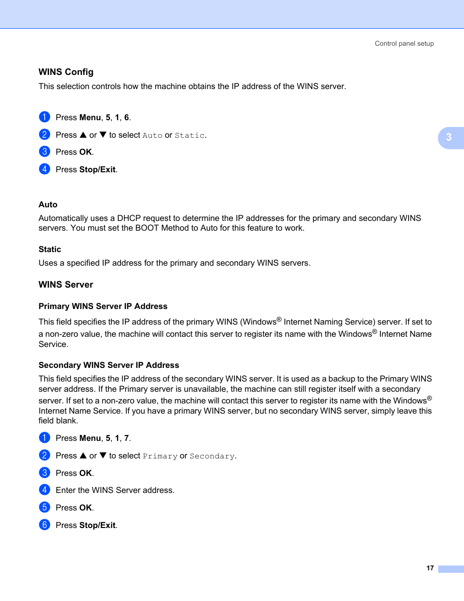 Wins config, Wins server | Brother MFC-5460CN User Manual | Page 22 / 35