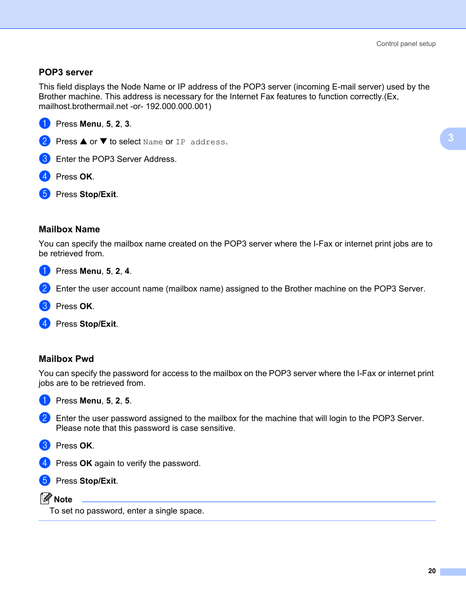 Pop3 server, Mailbox name, Mailbox pwd | Brother MFC-5460CN User Manual | Page 25 / 35