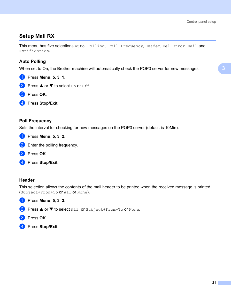 Setup mail rx, Auto polling, Poll frequency | Header | Brother MFC-5460CN User Manual | Page 26 / 35