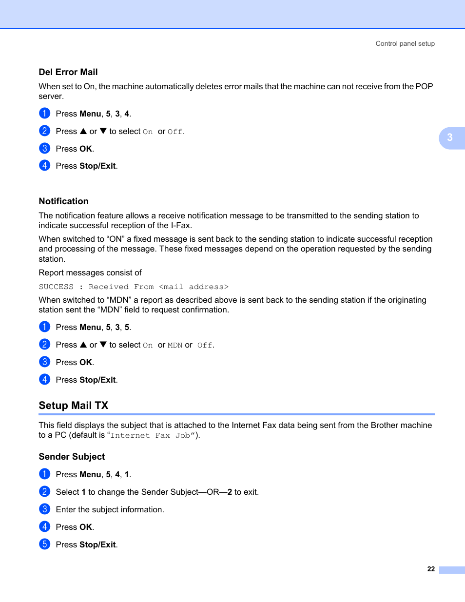 Del error mail, Notification, Setup mail tx | Sender subject | Brother MFC-5460CN User Manual | Page 27 / 35