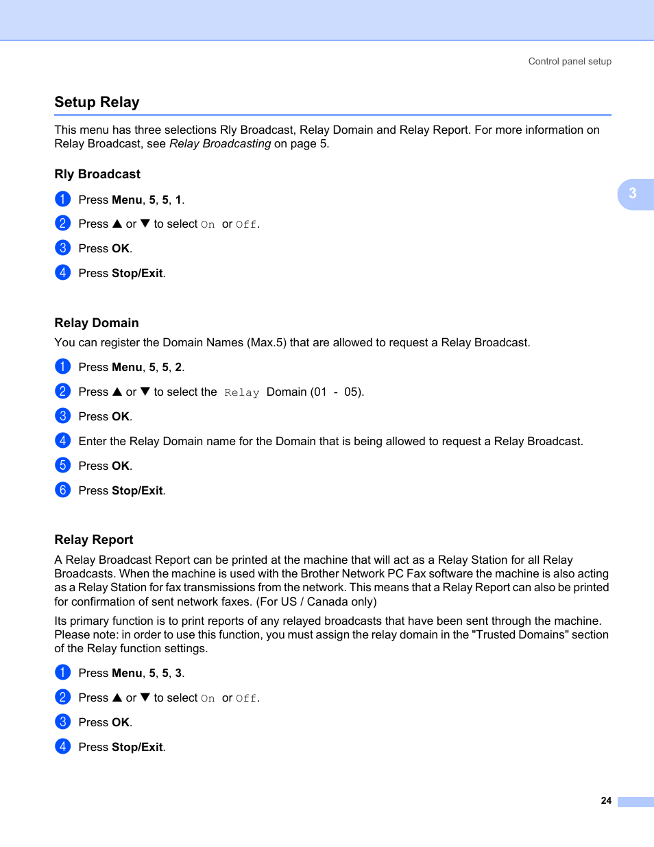 Setup relay, Rly broadcast, Relay domain | Relay report | Brother MFC-5460CN User Manual | Page 29 / 35