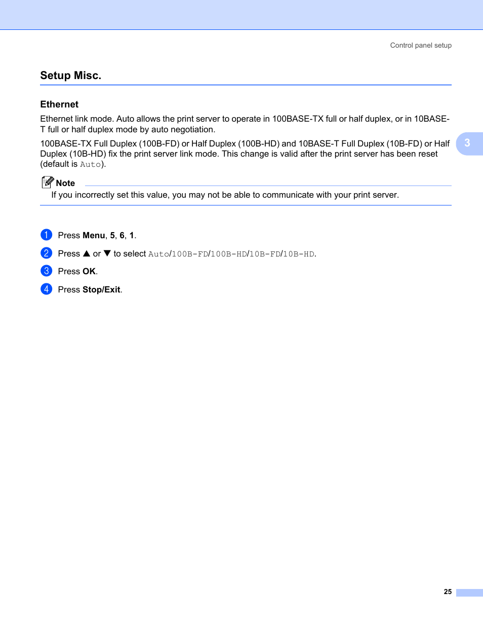 Setup misc, Ethernet, 3setup misc | Brother MFC-5460CN User Manual | Page 30 / 35