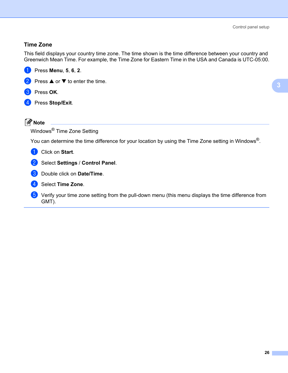 Time zone | Brother MFC-5460CN User Manual | Page 31 / 35