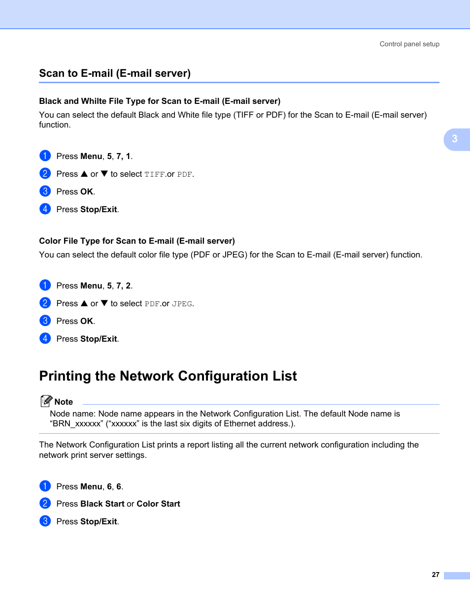 Scan to e-mail (e-mail server), Printing the network configuration list, 3scan to e-mail (e-mail server) | Brother MFC-5460CN User Manual | Page 32 / 35