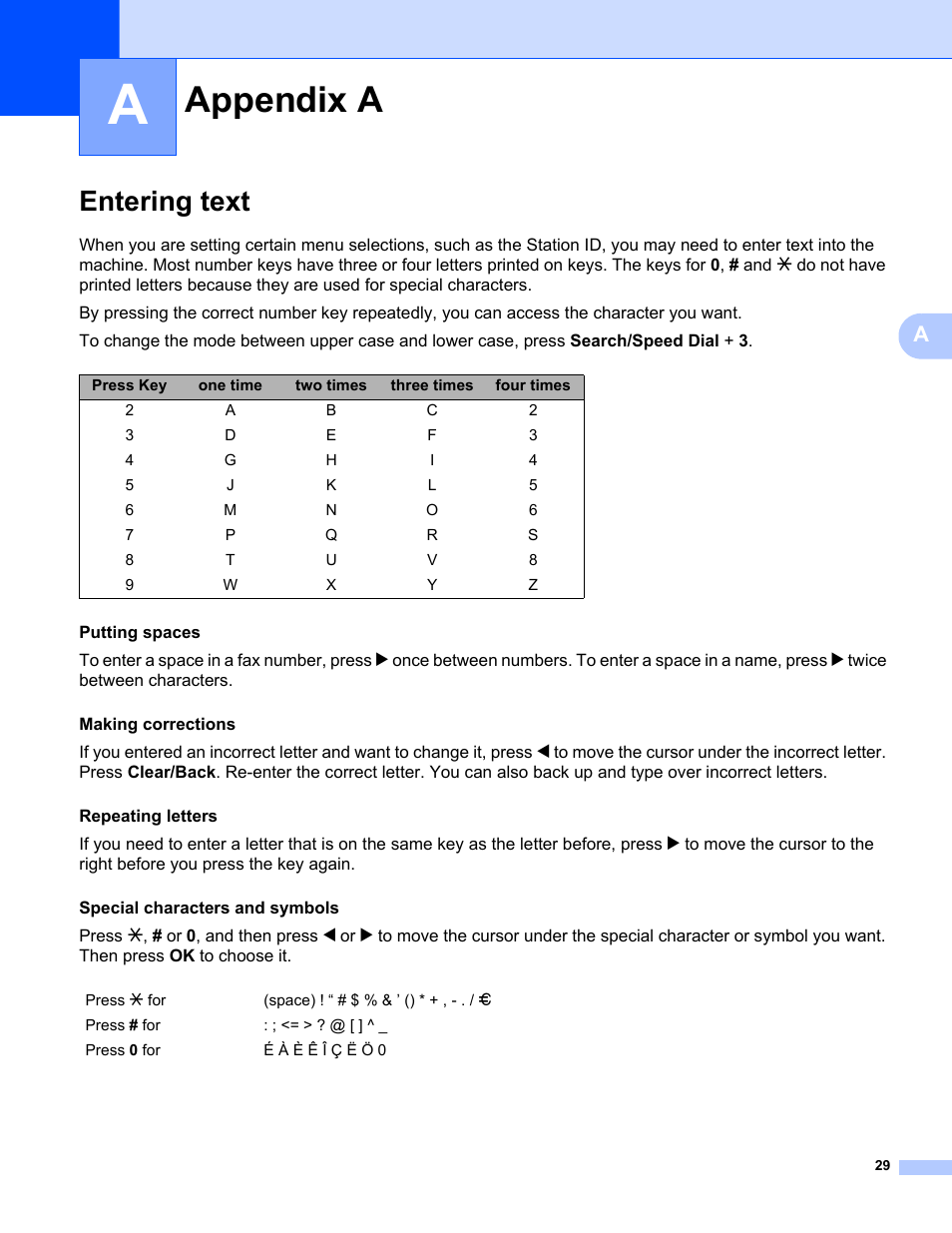 Appendix a, Entering text | Brother MFC-5460CN User Manual | Page 34 / 35