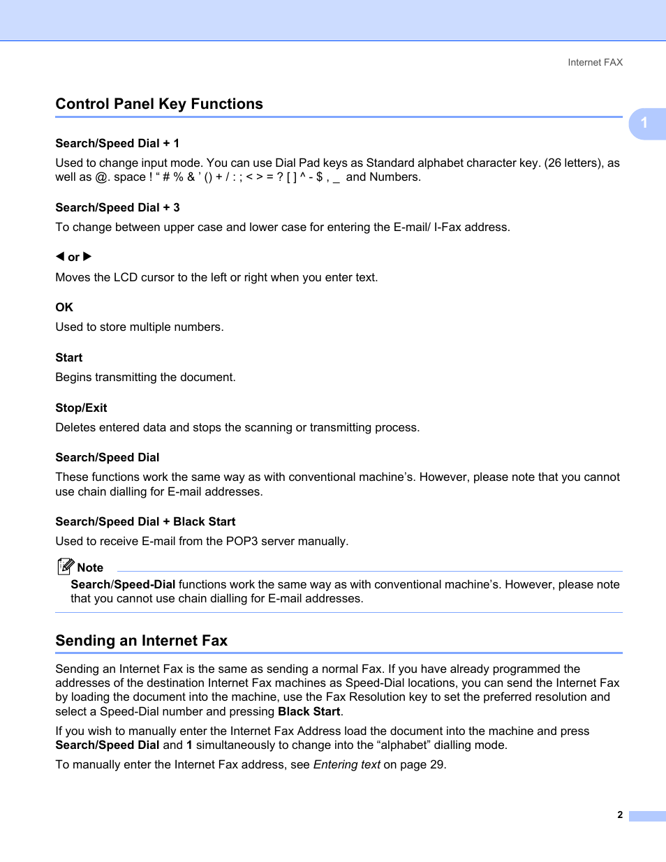 Control panel key functions, Sending an internet fax, 1control panel key functions | Search/speed dial + 1, Used to store multiple numbers. start, Begins transmitting the document. stop/exit | Brother MFC-5460CN User Manual | Page 7 / 35