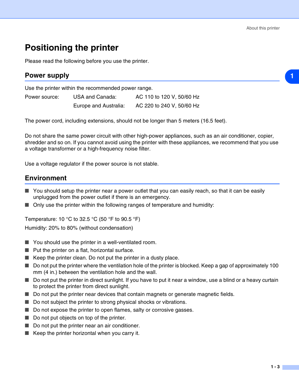 Positioning the printer, Power supply, Environment | Positioning the printer -3, Power supply -3 environment -3 | Brother HL-2070N User Manual | Page 10 / 109