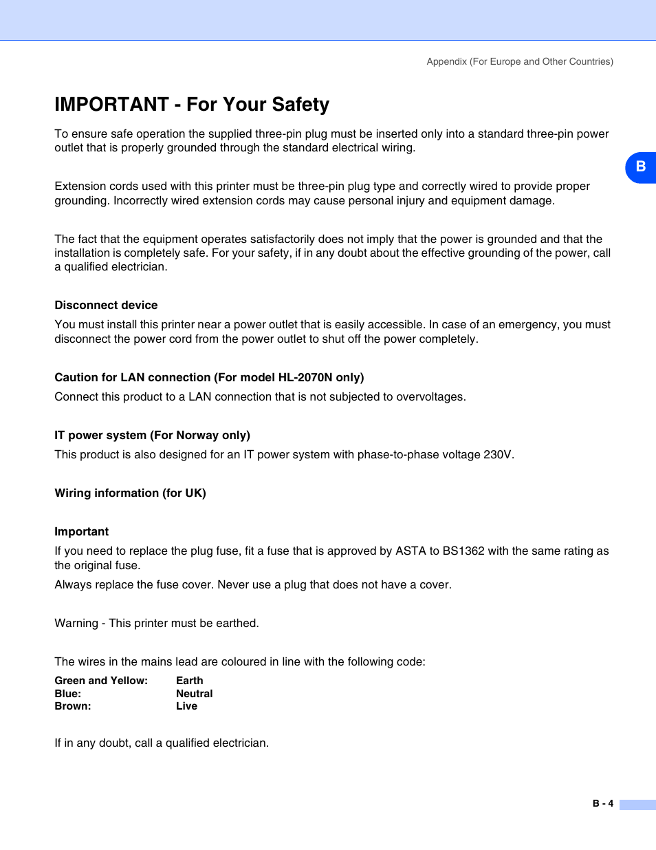 Important - for your safety | Brother HL-2070N User Manual | Page 101 / 109