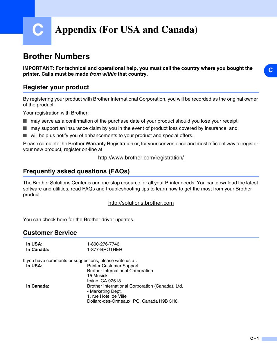 Appendix c (for usa and canada), Brother numbers, Register your product | Frequently asked questions (faqs), Customer service, Appendix (for usa and canada) | Brother HL-2070N User Manual | Page 103 / 109