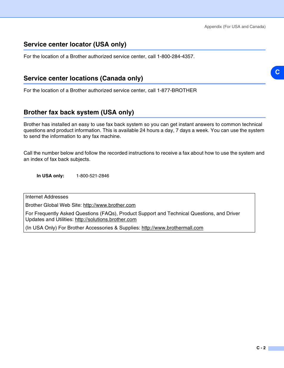 Service center locator (usa only), Service center locations (canada only), Brother fax back system (usa only) | Cservice center locator (usa only) | Brother HL-2070N User Manual | Page 104 / 109