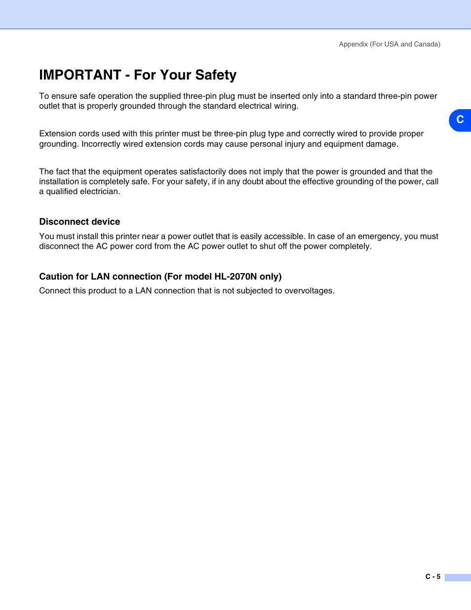 Important - for your safety | Brother HL-2070N User Manual | Page 107 / 109