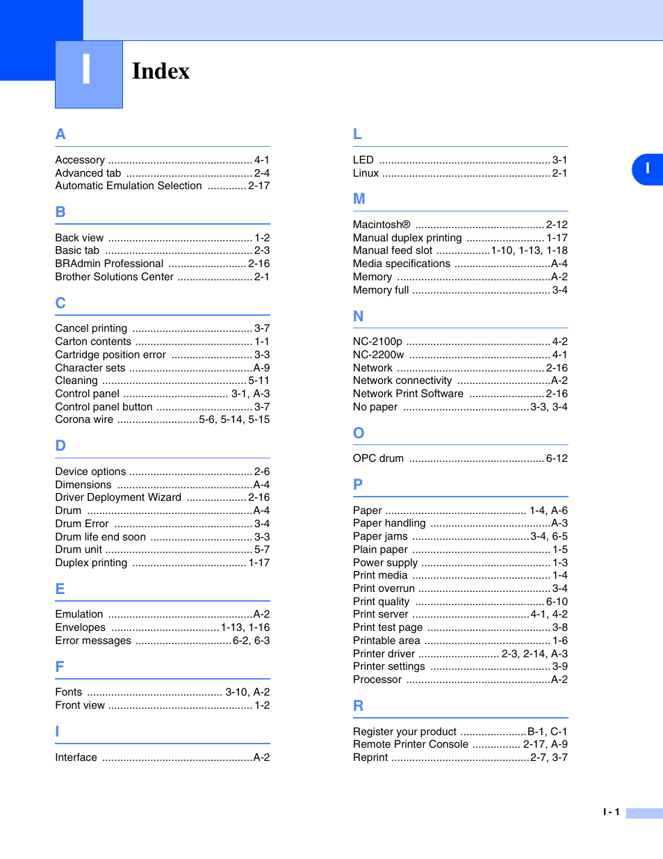 User's guide hl-2030/hl-2040/hl-2070n, Index | Brother HL-2070N User Manual | Page 108 / 109