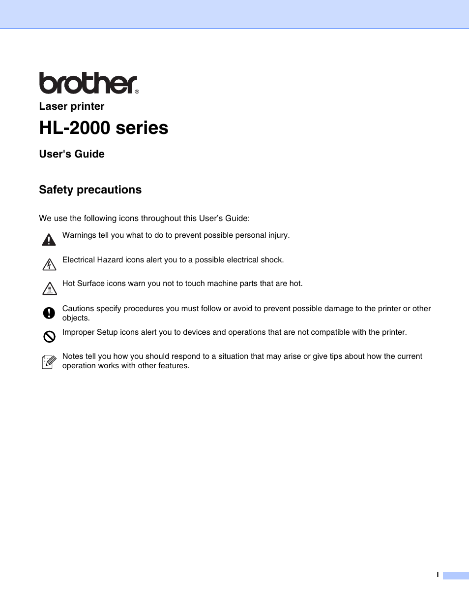 Hl-2000 series, Safety precautions | Brother HL-2070N User Manual | Page 2 / 109