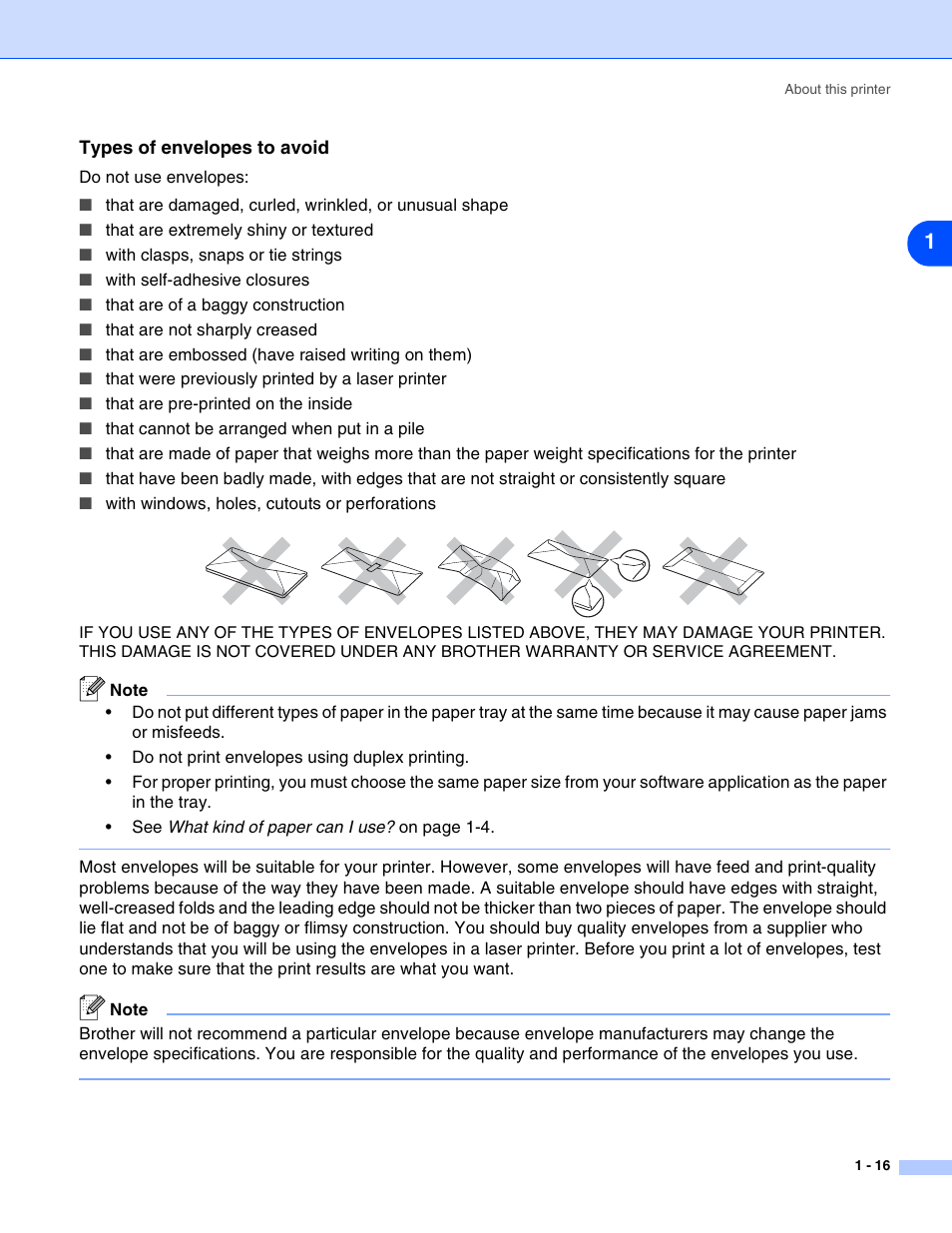 Types of envelopes to avoid, Types of envelopes to avoid -16 | Brother HL-2070N User Manual | Page 23 / 109