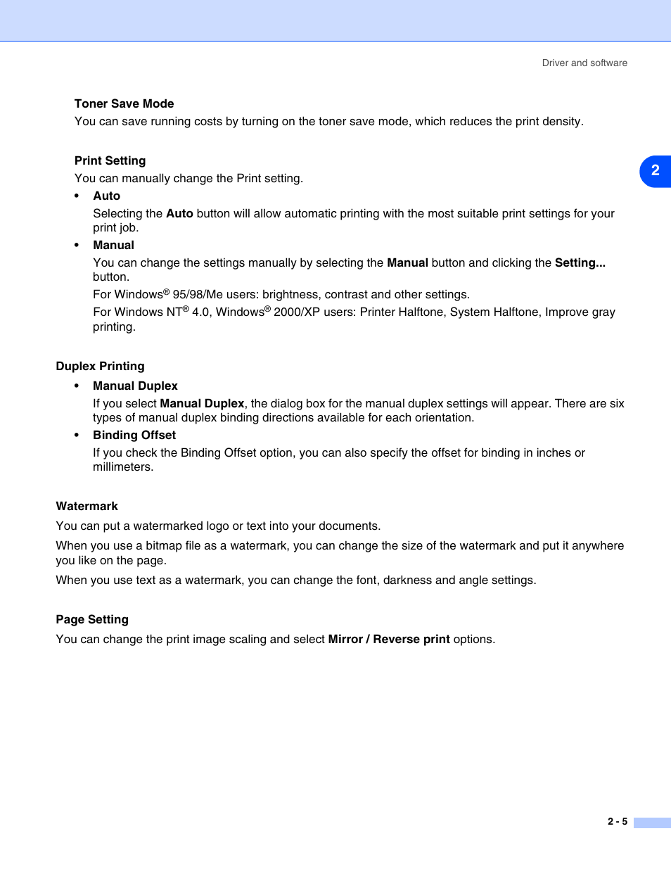 Duplex printing, Watermark | Brother HL-2070N User Manual | Page 31 / 109