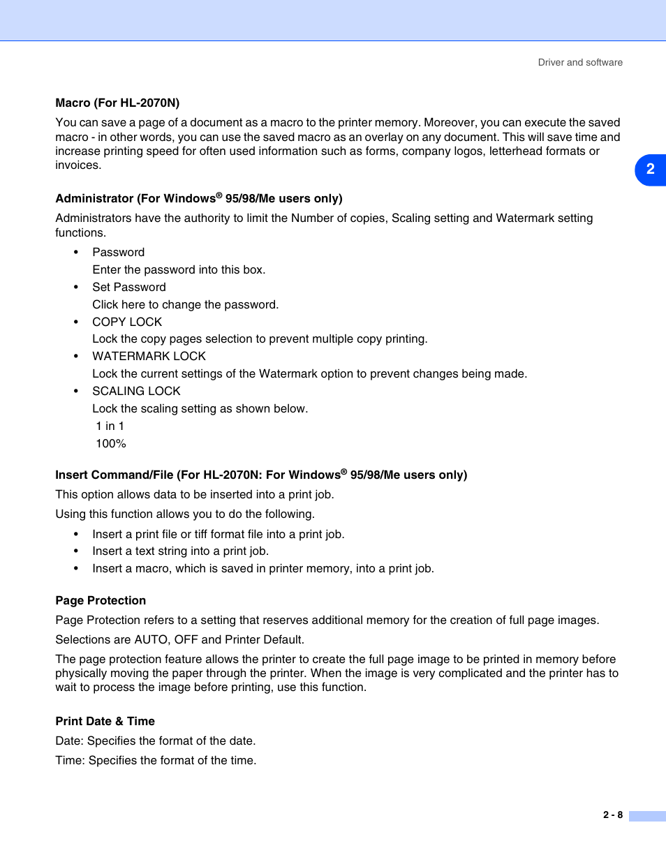 Macro (for hl-2070n), Administrator (for windows, 95/98/me users only) | Insert command/file (for hl-2070n: for windows, Print date & time | Brother HL-2070N User Manual | Page 34 / 109