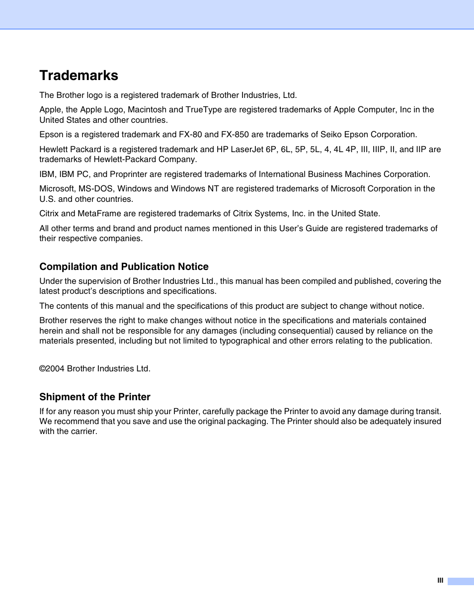 Trademarks | Brother HL-2070N User Manual | Page 4 / 109