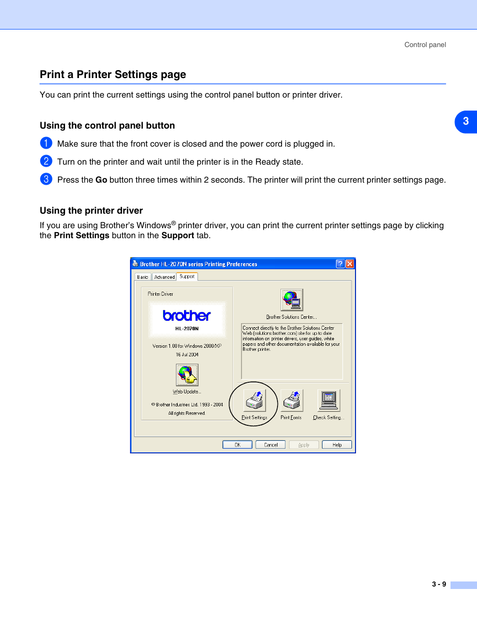 Using the control panel button, Using the printer driver | Brother HL-2070N User Manual | Page 52 / 109