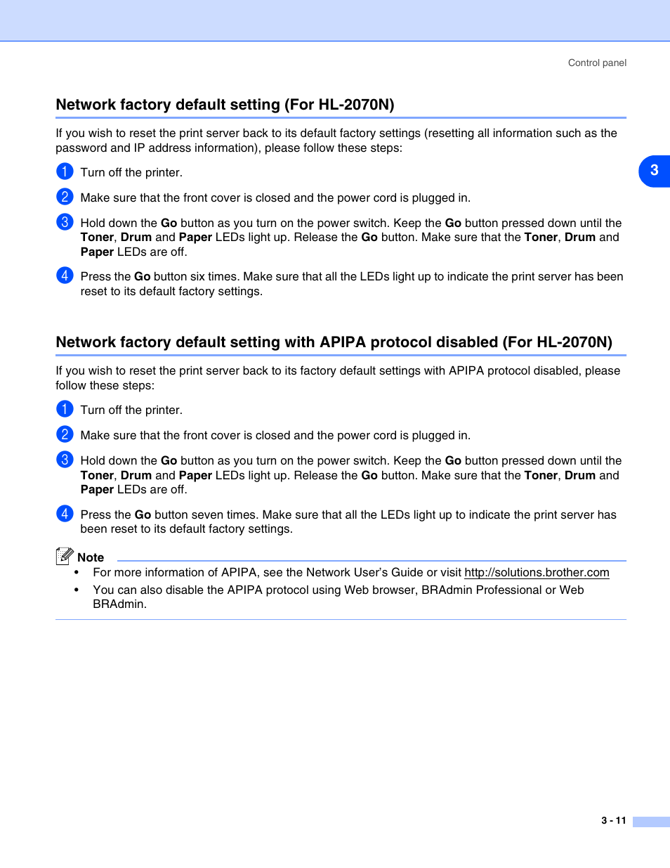 Network factory default setting (for hl-2070n) | Brother HL-2070N User Manual | Page 54 / 109