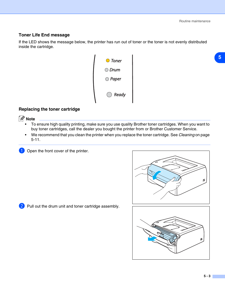 Toner life end message, Replacing the toner cartridge | Brother HL-2070N User Manual | Page 59 / 109