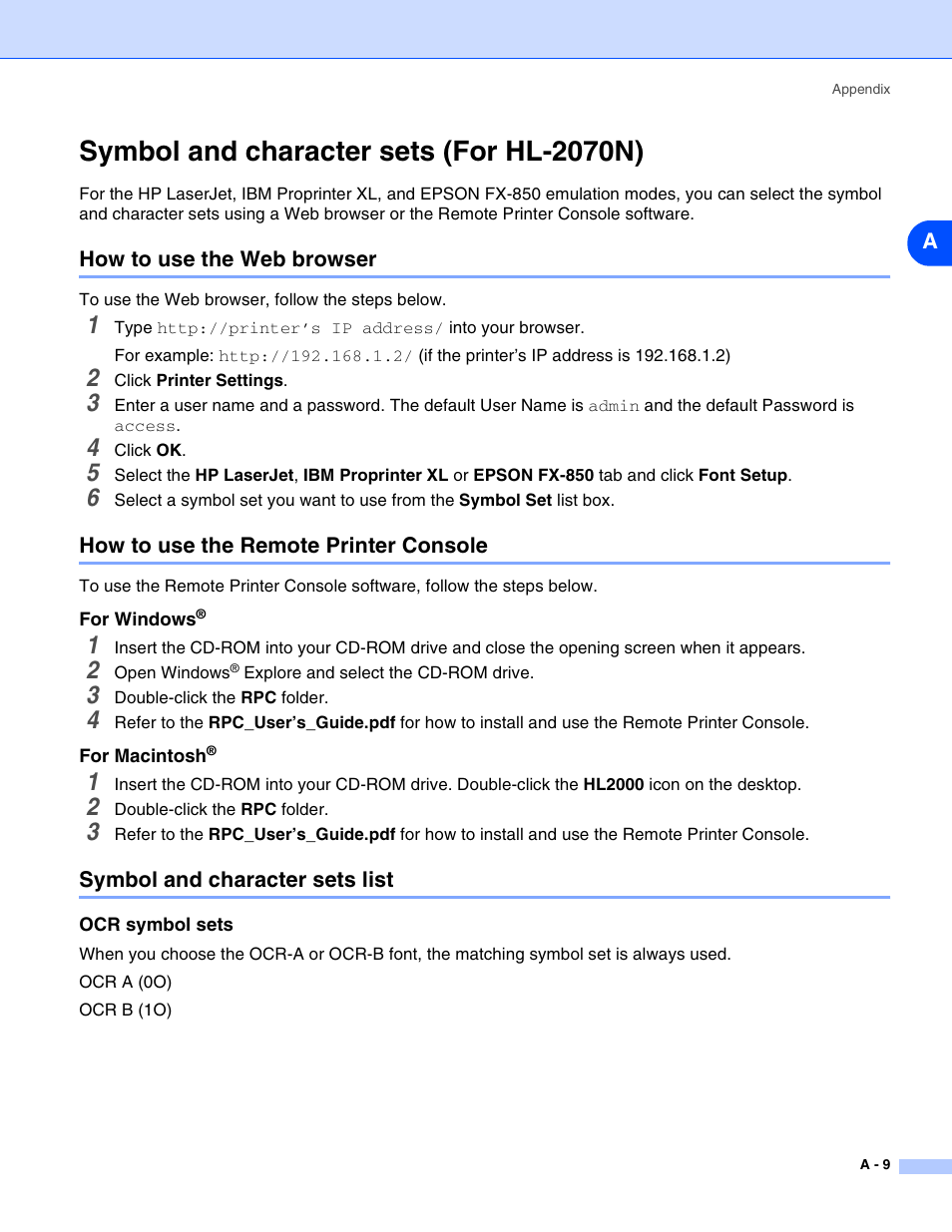 Symbol and character sets (for hl-2070n), How to use the web browser, How to use the remote printer console | For windows, For macintosh, Symbol and character sets list, Ocr symbol sets | Brother HL-2070N User Manual | Page 95 / 109