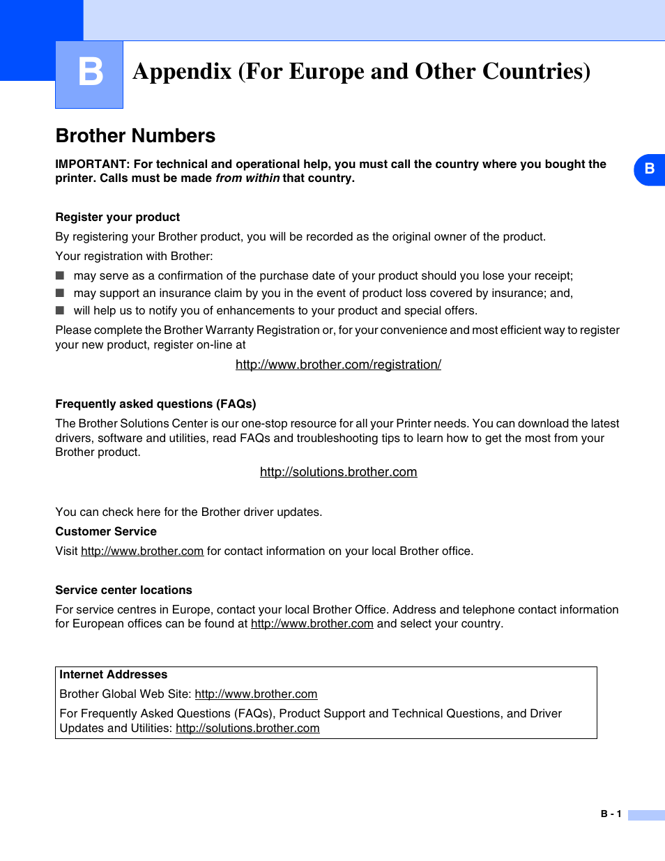 Appendix b (for europe and other countries), Brother numbers, Appendix (for europe and other countries) | Brother HL-2070N User Manual | Page 98 / 109