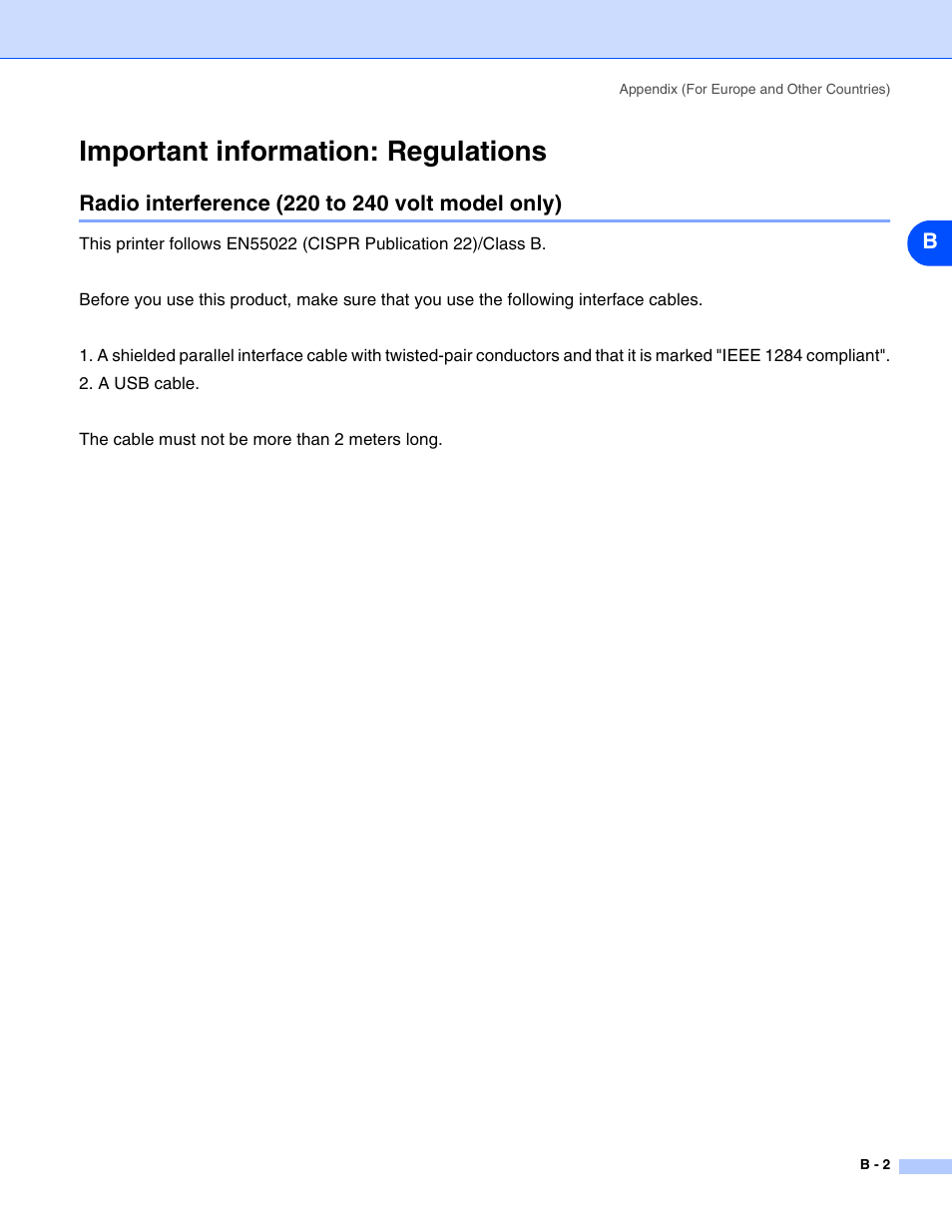 Important information: regulations, Radio interference (220 to 240 volt model only) | Brother HL-2070N User Manual | Page 99 / 109