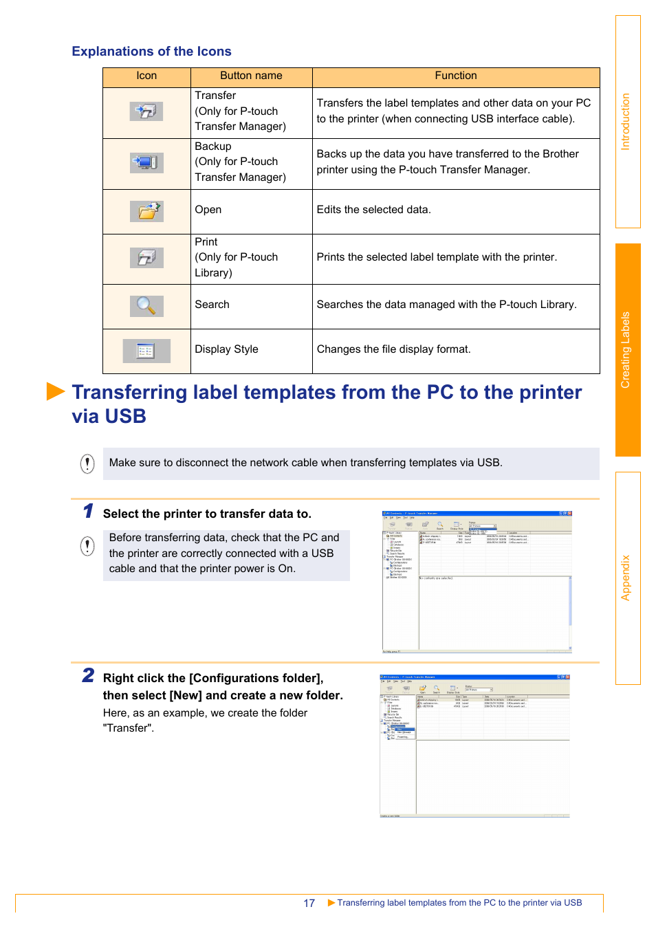 Explanations of the icons | Brother PT-3600 User Manual | Page 17 / 31
