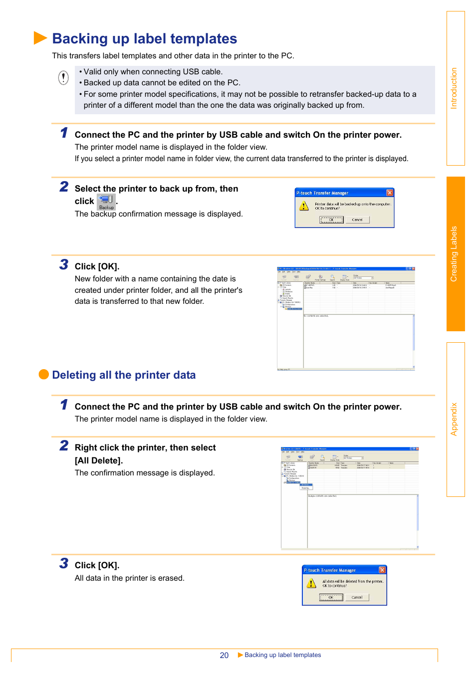 Backing up label templates, Deleting all the printer data | Brother PT-3600 User Manual | Page 20 / 31