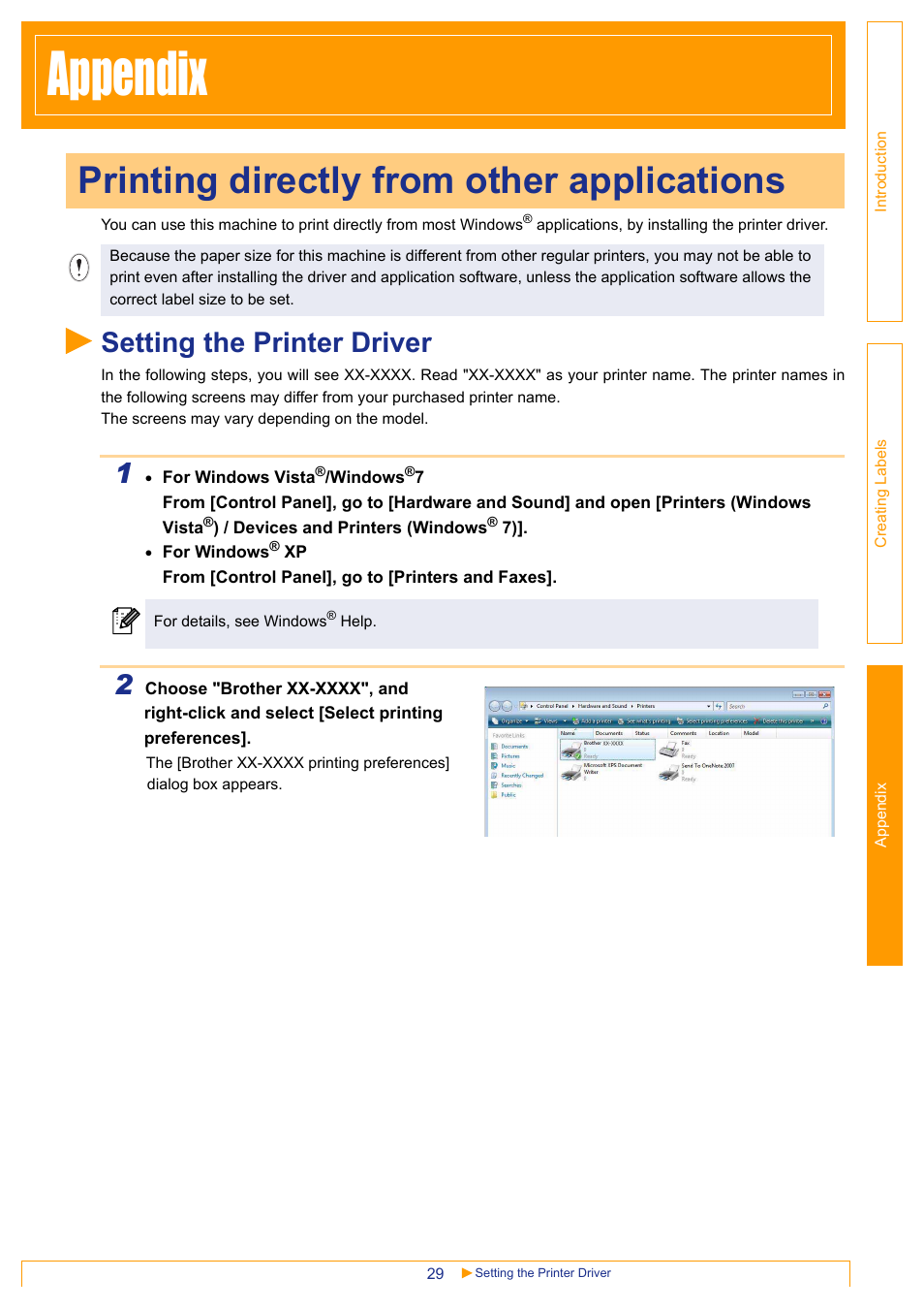 Appendix, Printing directly from other applications, Setting the printer driver | Ndix | Brother PT-3600 User Manual | Page 29 / 31