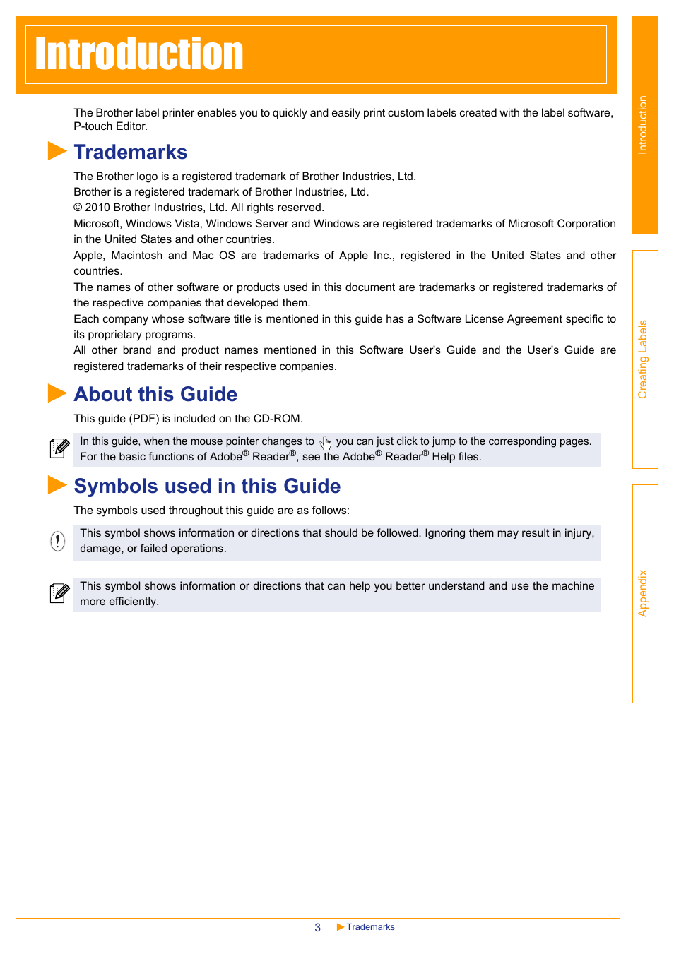 Introduction, Trademarks, About this guide | Symbols used in this guide, Introduc, Tion | Brother PT-3600 User Manual | Page 3 / 31
