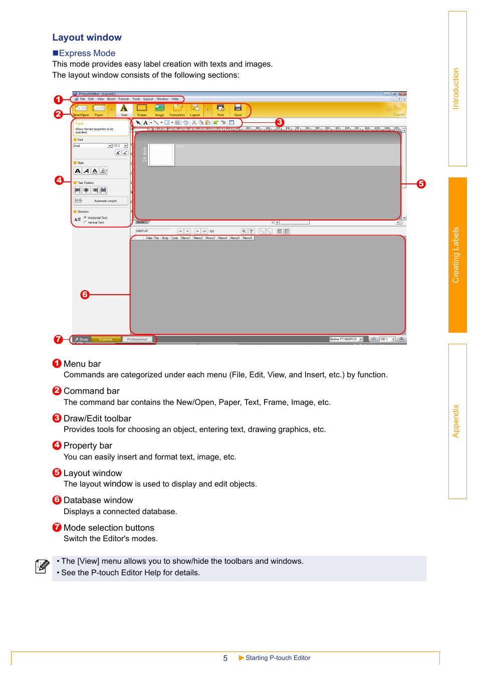 Layout window | Brother PT-3600 User Manual | Page 5 / 31