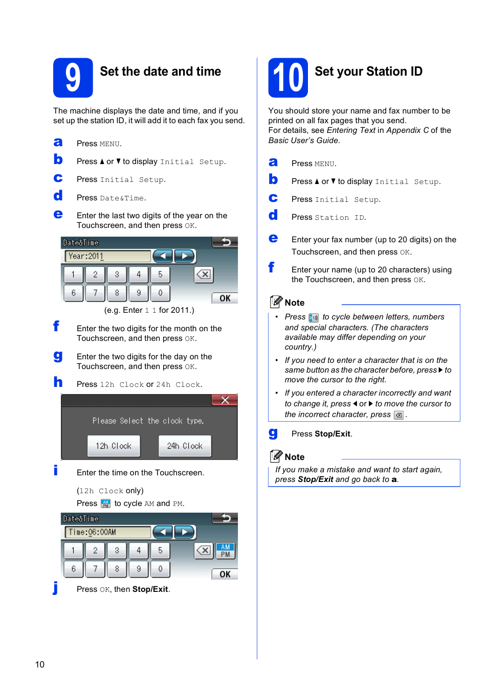 9 set the date and time, 10 set your station id, Set the date and time | Set your station id | Brother MFC J6910DW User Manual | Page 10 / 40