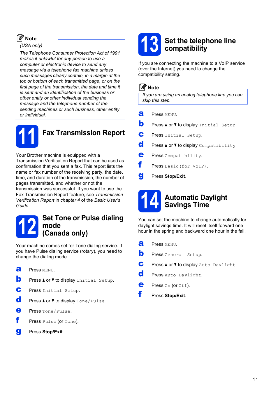 11 fax transmission report, 12 set tone or pulse dialing mode (canada only), 13 set the telephone line compatibility | 14 automatic daylight savings time | Brother MFC J6910DW User Manual | Page 11 / 40