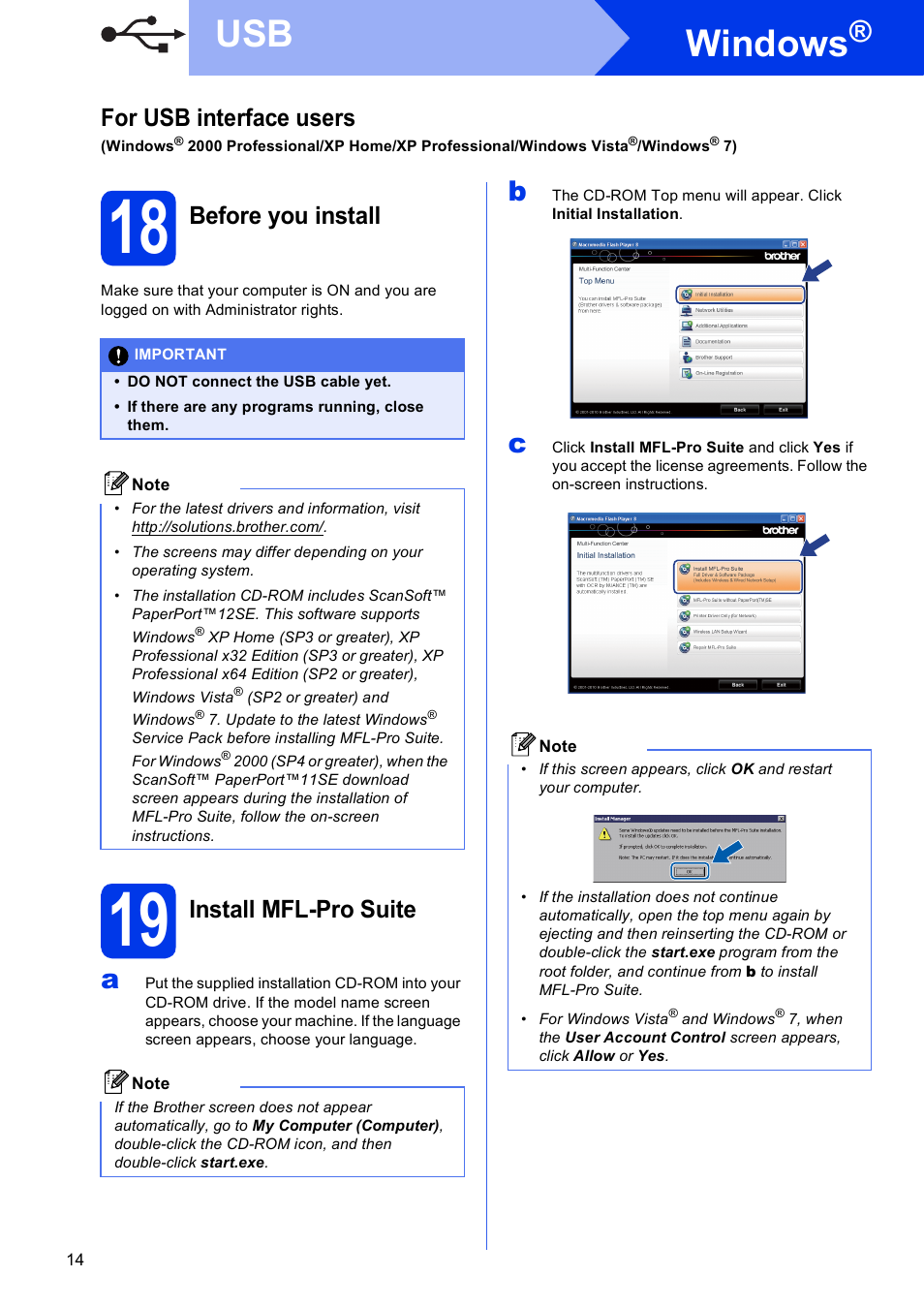 18 before you install, 19 install mfl-pro suite, Windows | For usb interface users, Before you install, Install mfl-pro suite | Brother MFC J6910DW User Manual | Page 14 / 40